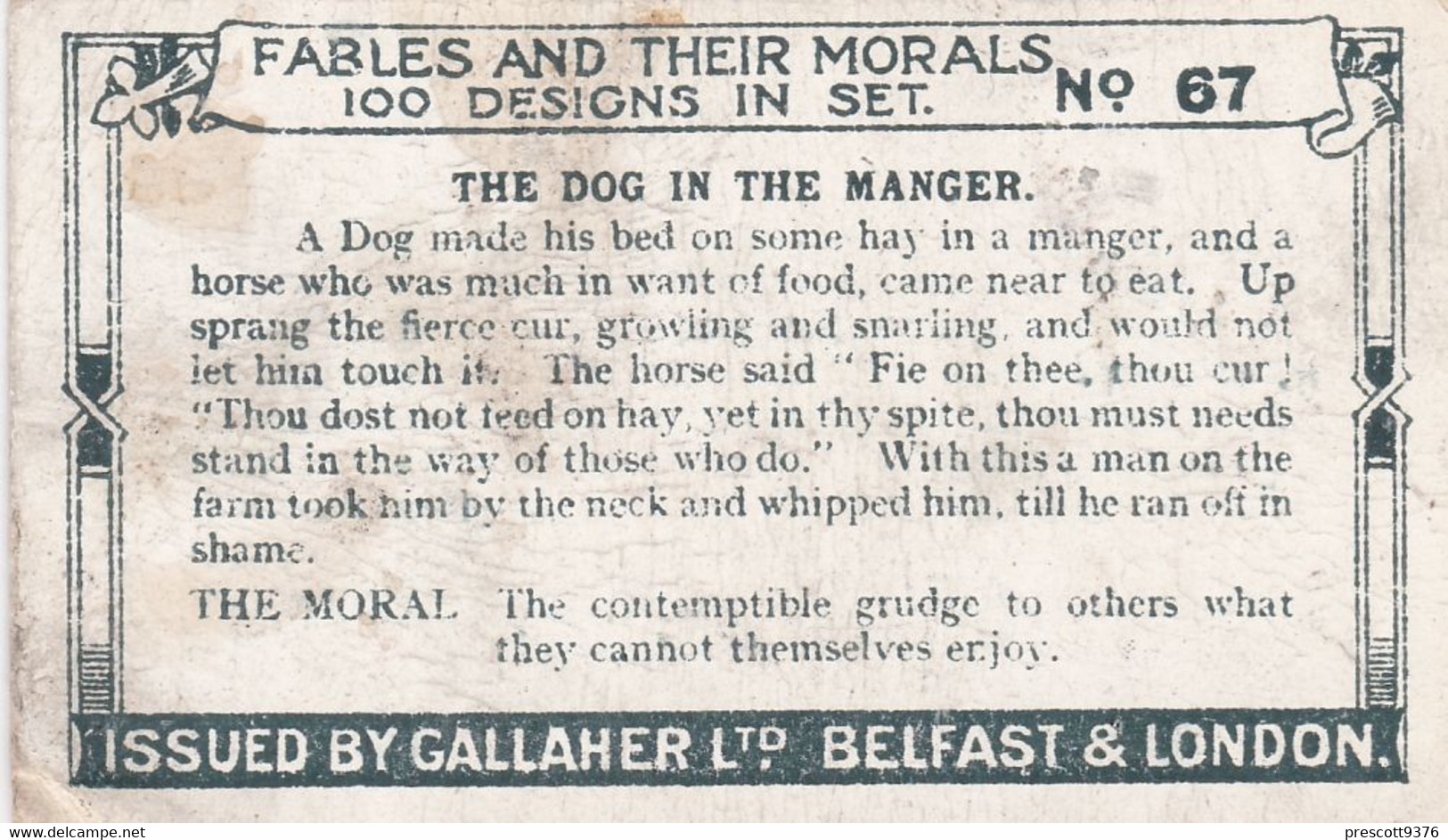 67 Dog In The Manger, Fables & Their Morals 1922  - Gallaher Cigarette Card - Original - Antique - Gallaher