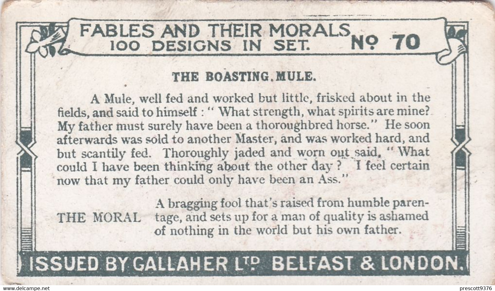 70 The Boasting Mule, Fables & Their Morals 1922  - Gallaher Cigarette Card - Original - Antique - Gallaher