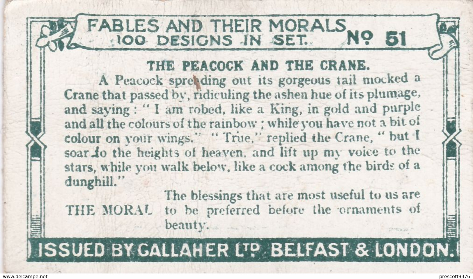 51 The Peacock & The Crane, Fables & Their Morals 1922  - Gallaher Cigarette Card - Original - Antique - Gallaher