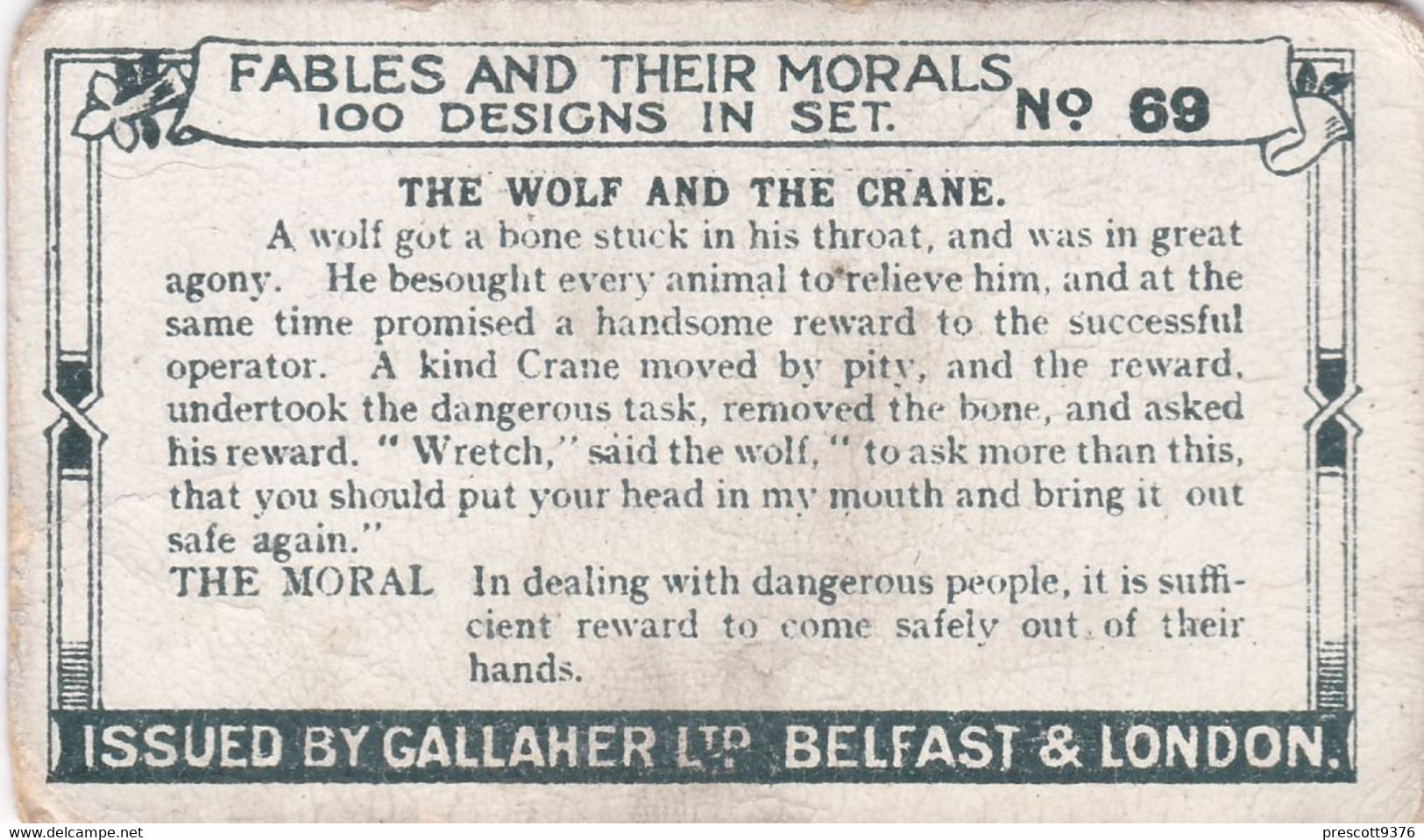 69 The Wolf & The Crane, Fables & Their Morals 1922  - Gallaher Cigarette Card - Original - Antique - Gallaher