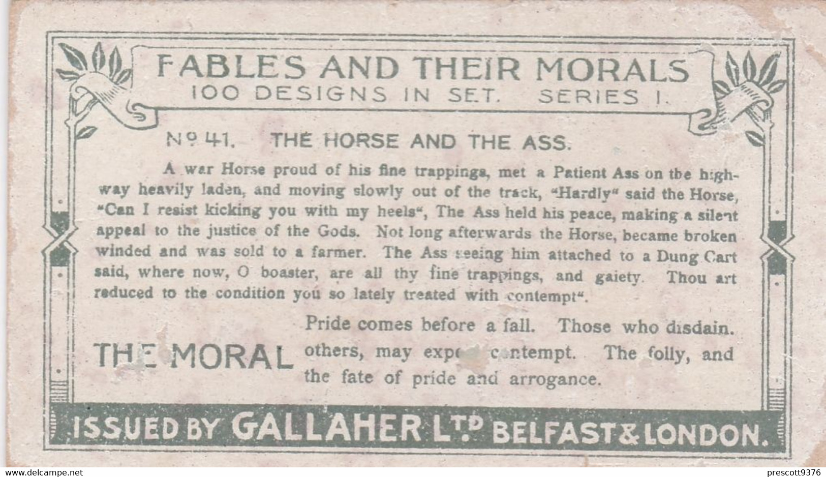 41 The Horse & The Ass, Fables & Their Morals 1922  - Gallaher Cigarette Card - Original - Antique - Gallaher