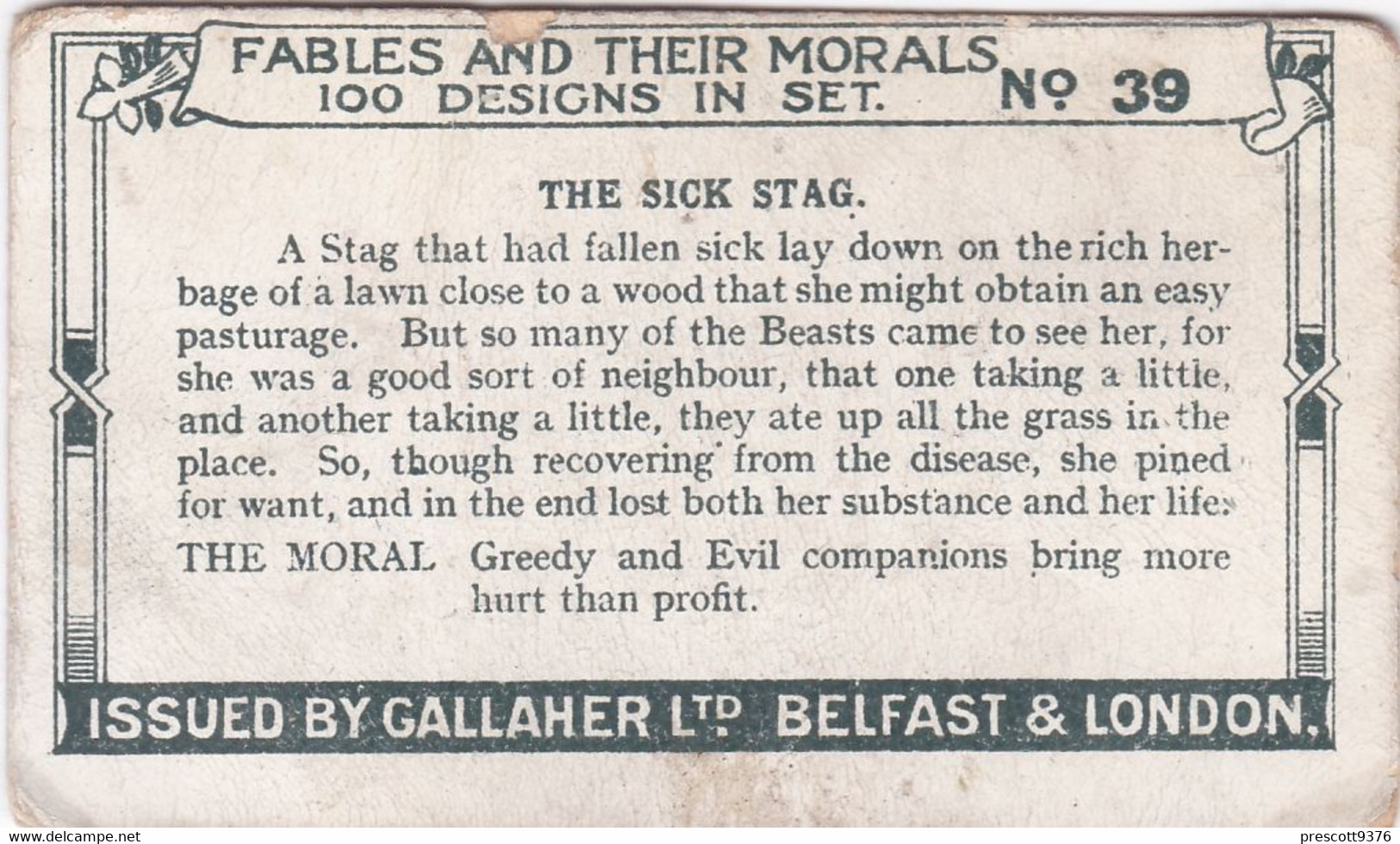 39 The Sick Stag, Fables & Their Morals 1922  - Gallaher Cigarette Card - Original - Antique - Gallaher