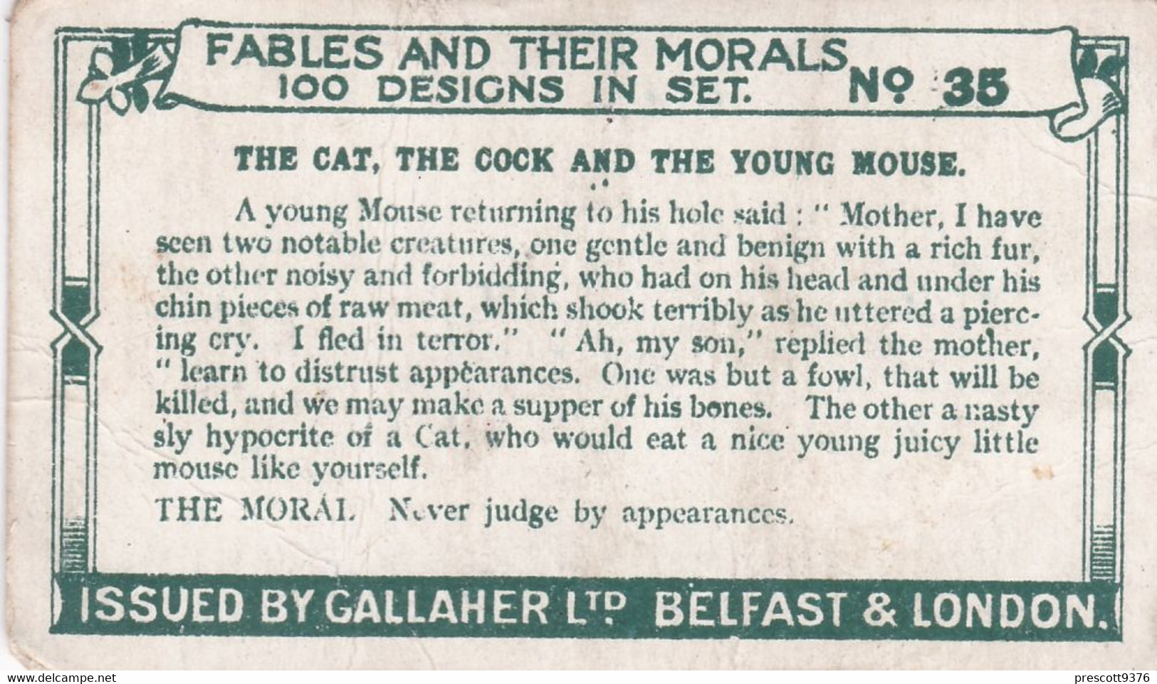 35 The Cat The Cock & The Young Mouse Fables & Their Morals 1922  - Gallaher Cigarette Card - Original - Antique - Gallaher