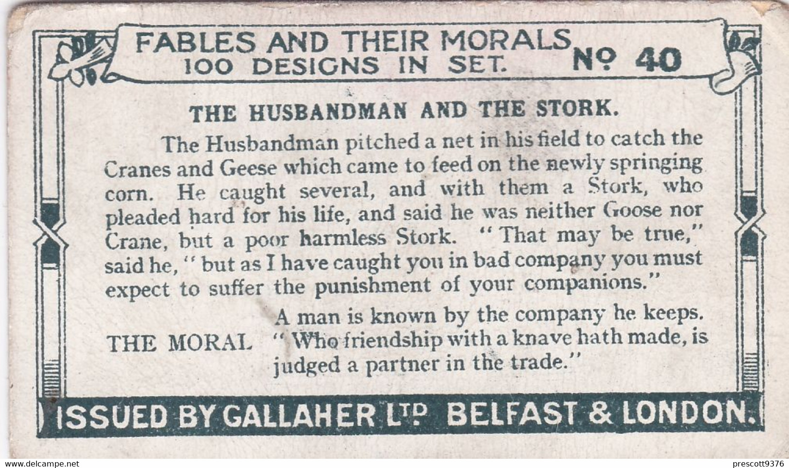 40 The Husbandman & The Stork,  Fables & Their Morals 1922  - Gallaher Cigarette Card - Original - Antique - Gallaher