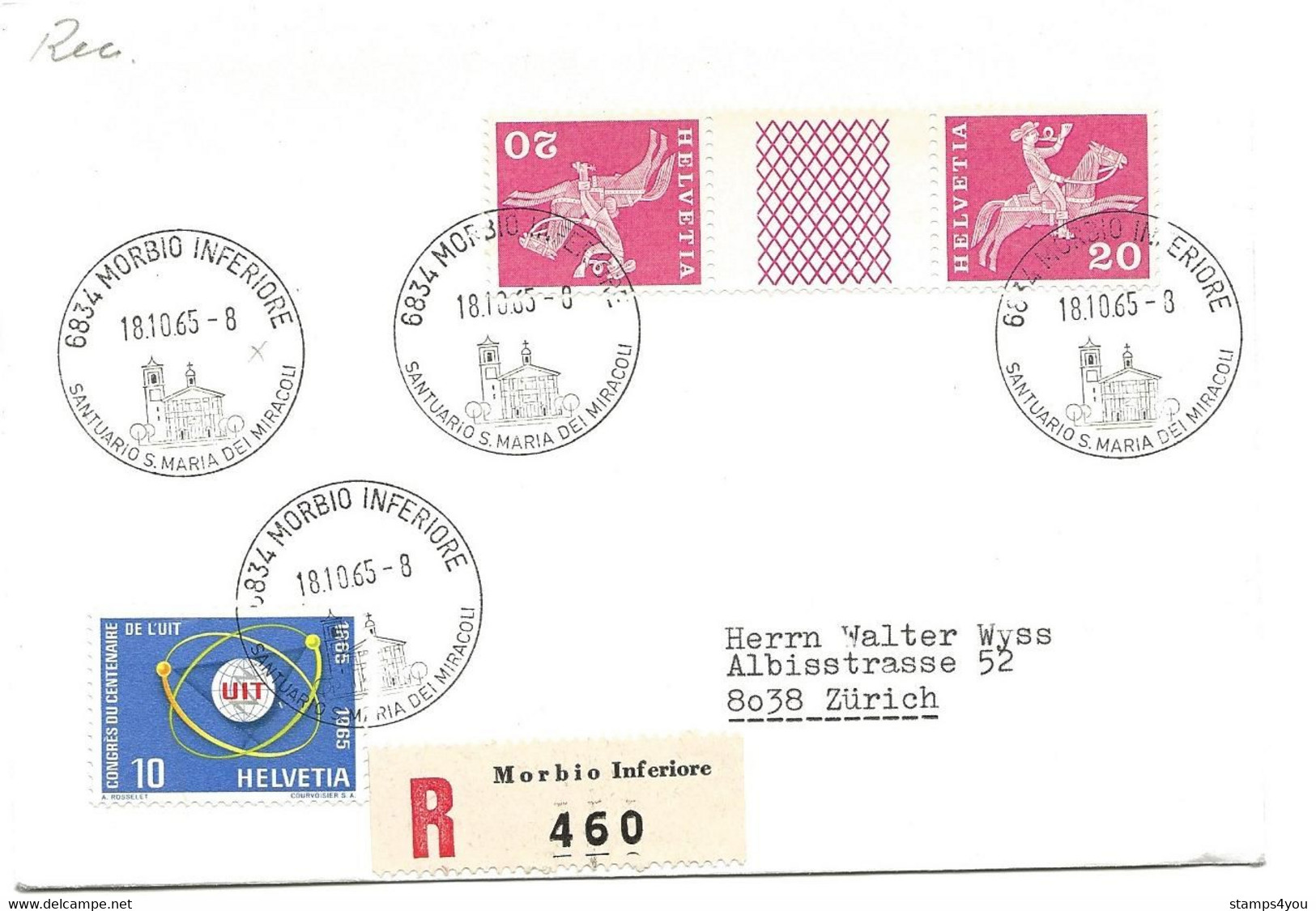 92 - 65 - Enveloppe Recommandée Avec Cachets Illustrés  Morbio Inferiore 1965 - Poststempel