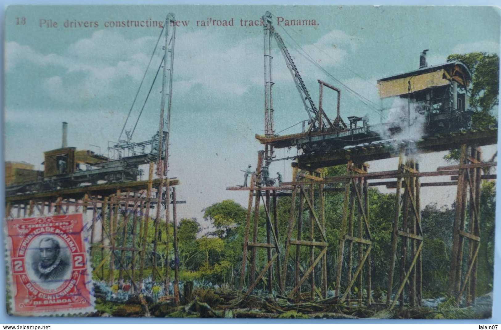 C. P. A. Couleur : PANAMA : Pile Drivers Constructing New Railroad Track, Stamp - Panama