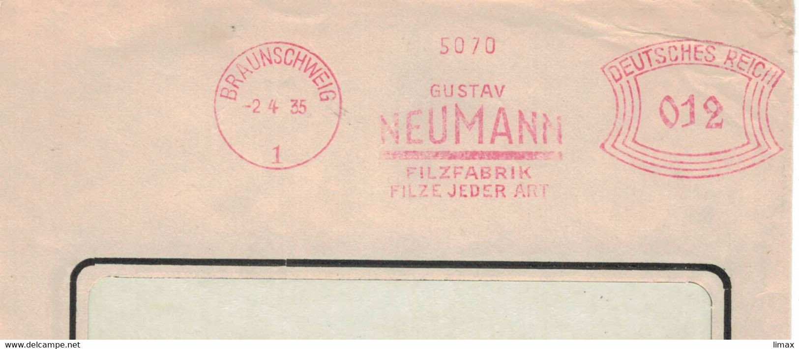 Francotyp A - Gustav Neumann Filzfabrik Filze Jeder Art Braunschweig 1935 5070 - Franking Machines (EMA)