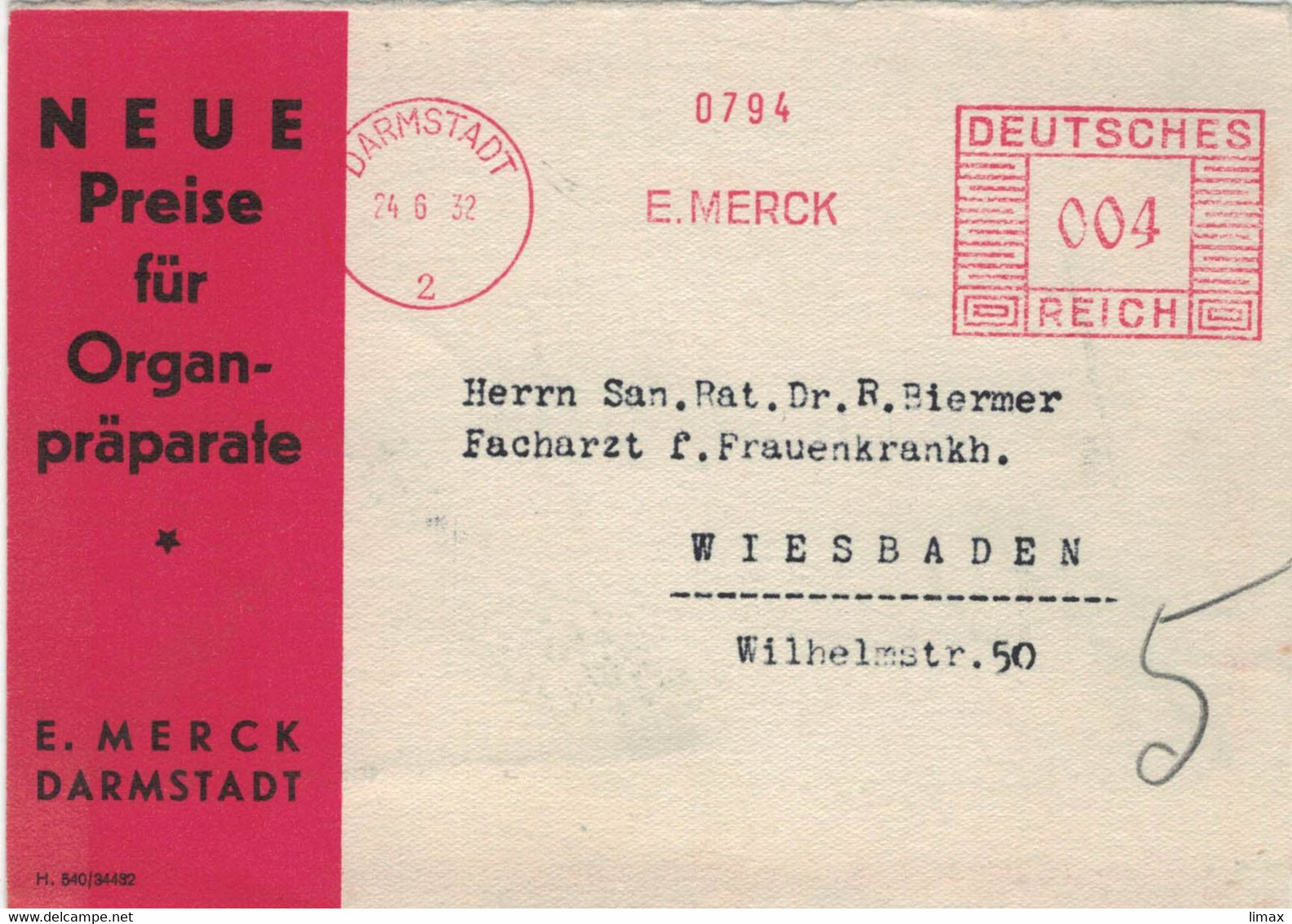 Francotyp C - E. Merck Darmstadt 1932 0794 - Neue Preise Für Organ-Präparate - Franking Machines (EMA)