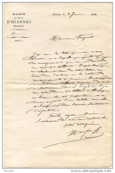 Lettre Du Maire De Hiersac à M.Fougerat, 3/1/1904 - Documents Historiques