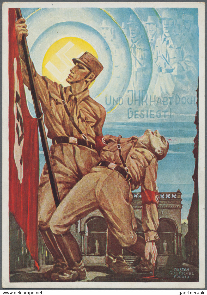 Ansichtskarten: Propaganda: SA: 1933/37, "Zum Gedenken Des 9. November 1923", Drei Farbige Erinnerun - Parteien & Wahlen