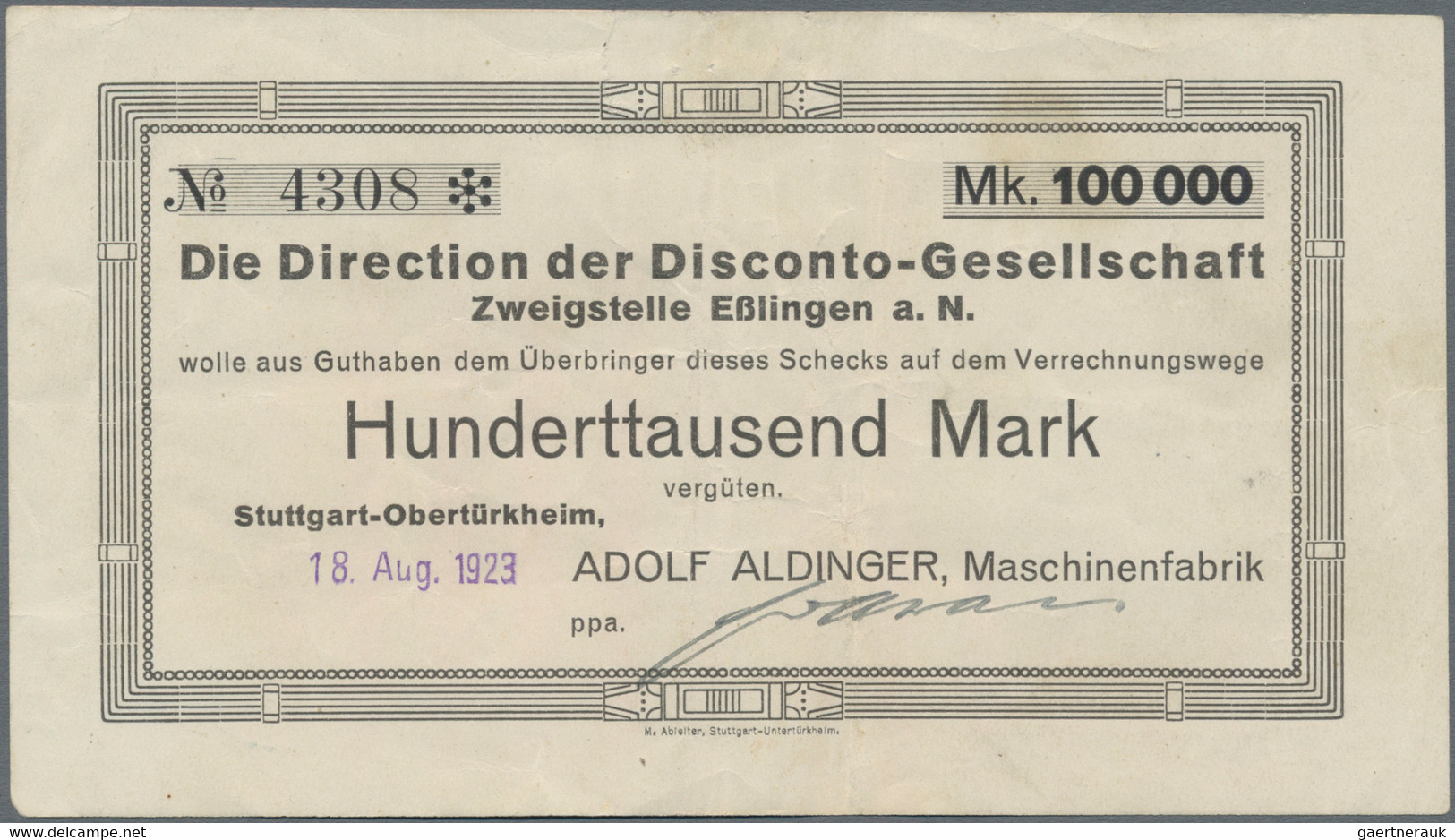 Deutschland - Notgeld - Württemberg: Stuttgart - Obertürkheim, Adolf Aldinger Maschinenfabrik, 100 T - [11] Emisiones Locales