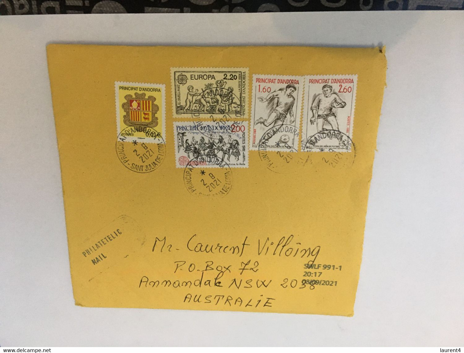 (2 A 19) Cover Posted From Andorra To Australia (during COVID-19 Pandemic) EUROPA & Football Stamps - Cartas & Documentos