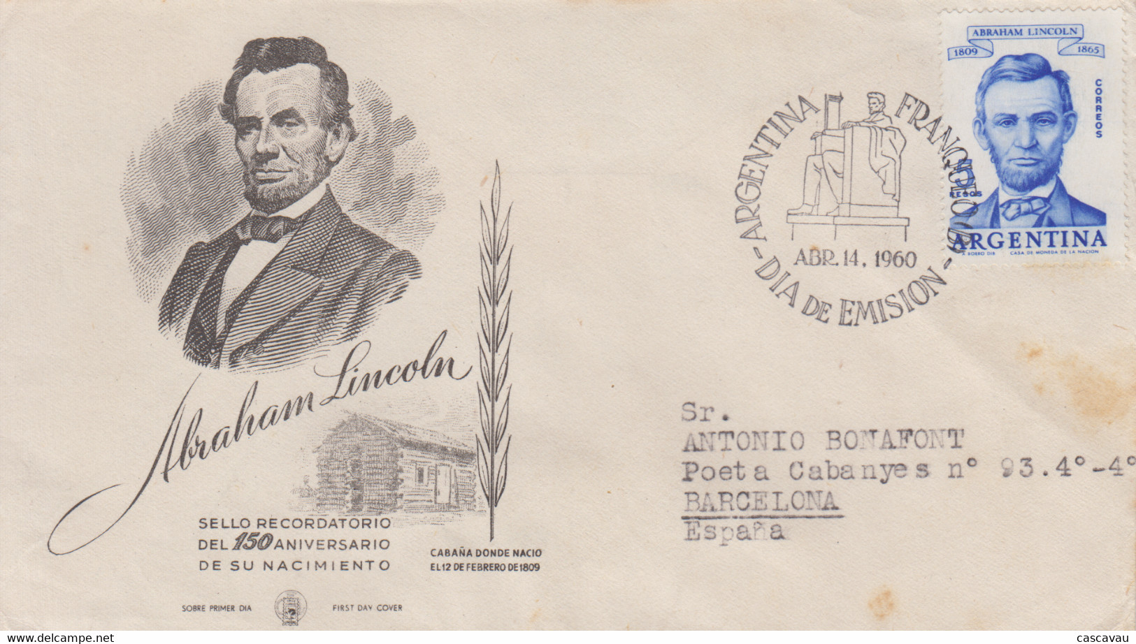 Enveloppe  FDC   1er  Jour   ARGENTINE   Abraham  LINCOLN   1960 - FDC