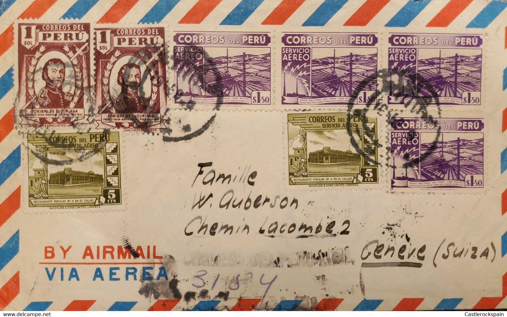 O) PERU, TORIBIO DE LUZURIAGA NATIONAL RADIO OF PERU, GOVERNMENT RESTAURANT AT CALLAO, MULTIPLE STAMPS, AIRMAIL CIRCULAT - Perú