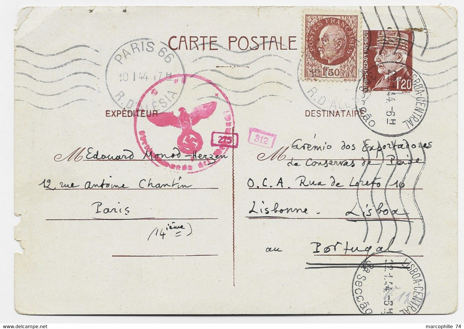 PETAIN 1FR50 SUR ENTIER 1FR20 CP DEFAUT PARIS 66 19.1.1944 POUR PORTUGAL + CENSURE NAZI - 1941-42 Pétain