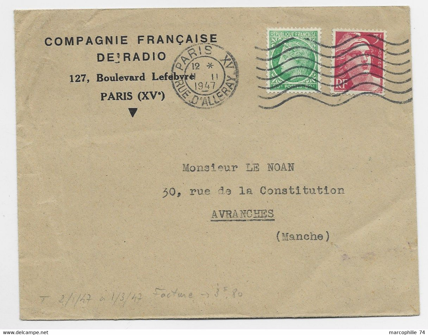 MAZELIN 80C +3FR GANDON LETTRE PARIS XV II.II.1947 TARIF FACTURE - 1945-47 Ceres (Mazelin)