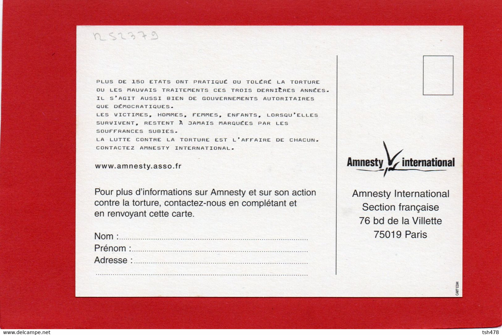 CARTE'COM---AMNESTY INTERNATIONAL---interrogatoire--voir 2 Scans - Non Classés