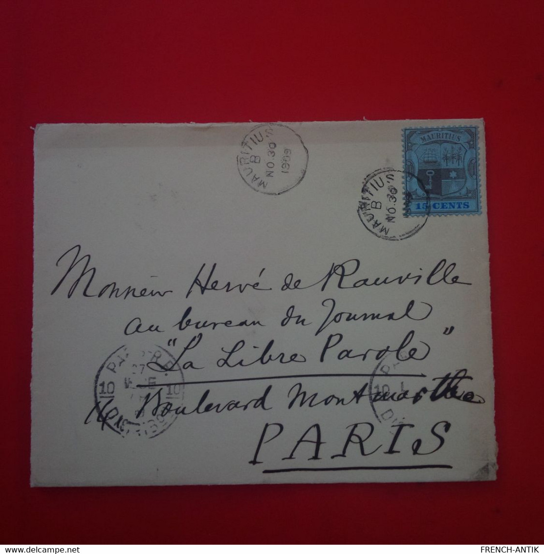 LETTRE MAURITUS ILE MAURICE POUR PARIS JOURNAL LA LIBRE PAROLE 1909 - Maurice (...-1967)