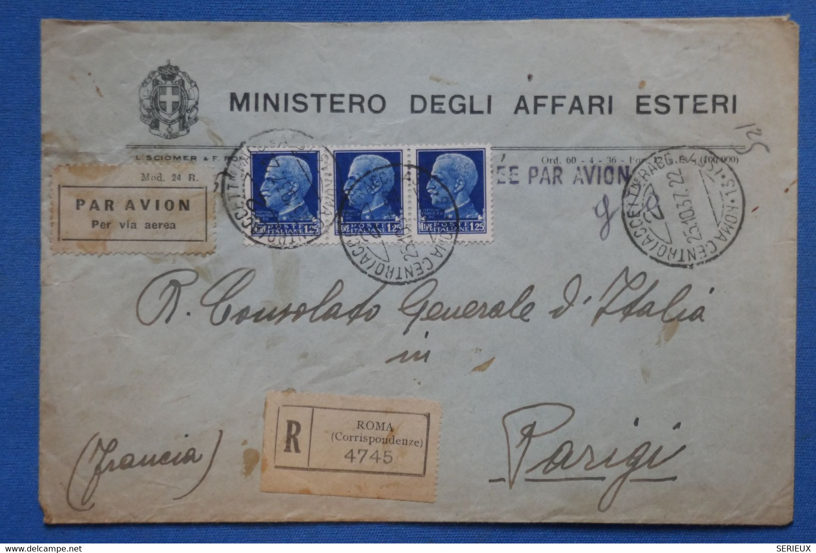 AB1 ITALIE   LETTRE RECOM. 1937 ROMA POUR PARIS FRANCE MINISTERE AFF ETRANGERES++ AEROPHILATELIE + AFFRANCH. INTERESSANT - Marcophilie (Avions)