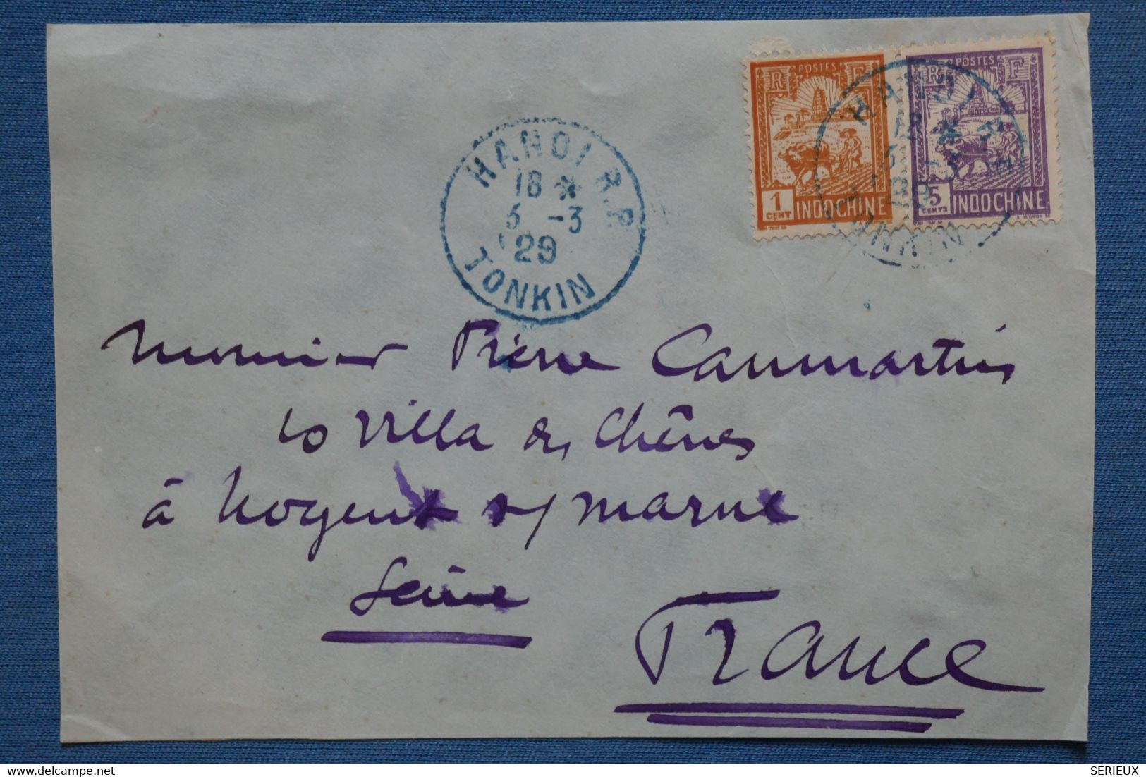 AB1 INDOCHINE   LETTRE  DEVANT 1929 TONKIN  POUR NOGENT  FRANCE  + AFFRANCH. PLAISANT - Cartas & Documentos