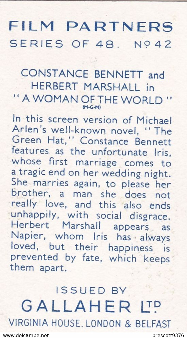 4 Herbert Marshall & Constance Bennett - Film Partners 1936 - Gallaher Cigarette Card - Original- Movies - Cinema - Gallaher