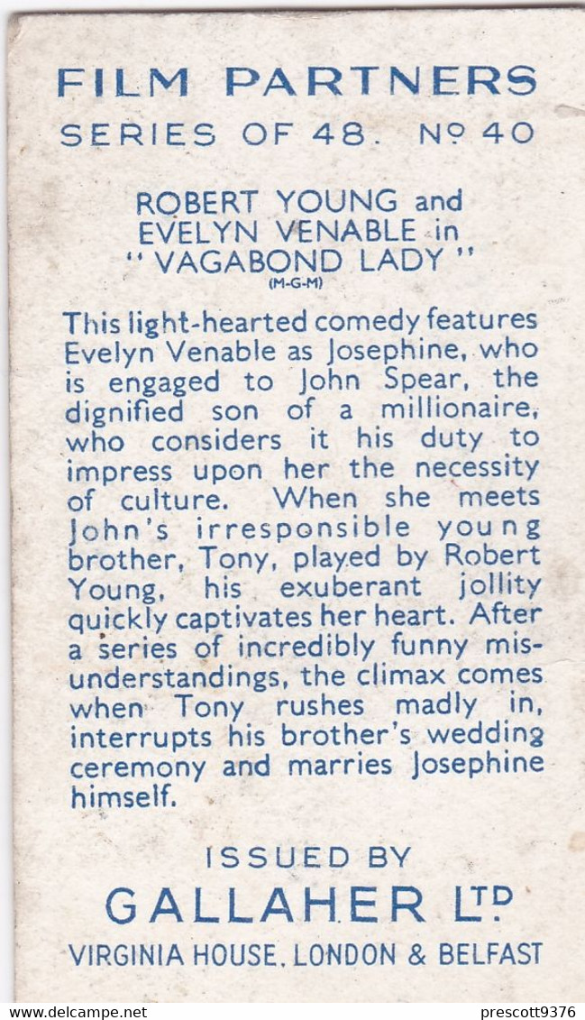 40 Robert Ypoung & Evelyn Venables  - Film Partners 1936 - Gallaher Cigarette Card - Original- Movies - Cinema - Gallaher