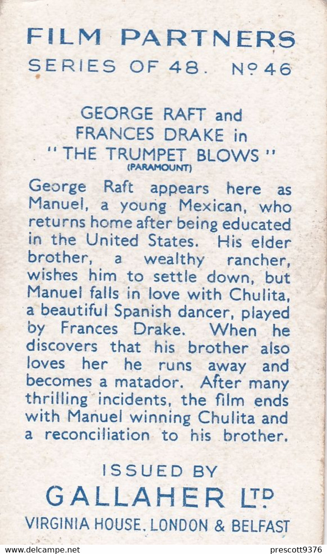 46 George Raft & Frances Drake  - Film Partners 1936 - Gallaher Cigarette Card - Original- Movies - Cinema - Gallaher