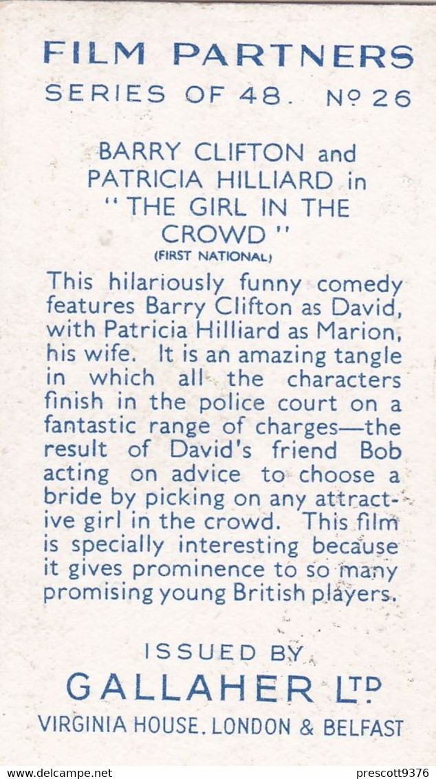 26 Barry Clifton & Patricia Hilliard  - Film Partners 1936 - Gallaher Cigarette Card - Original- Movies - Cinema - Gallaher