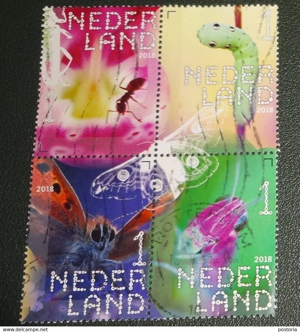 Nederland - NVPH - Xxxx - 2018 - Gebruikt - Beleef De Natuur - Set Van 4 - Mier - Olifantrups - Sprinkhaan - Vuurvlinder - Used Stamps