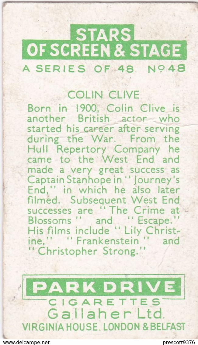 48 Colin Clive  -  Stars Of Screen & Stage 1935  - Gallaher Cigarette Card - Original- Film - Cinema - Gallaher