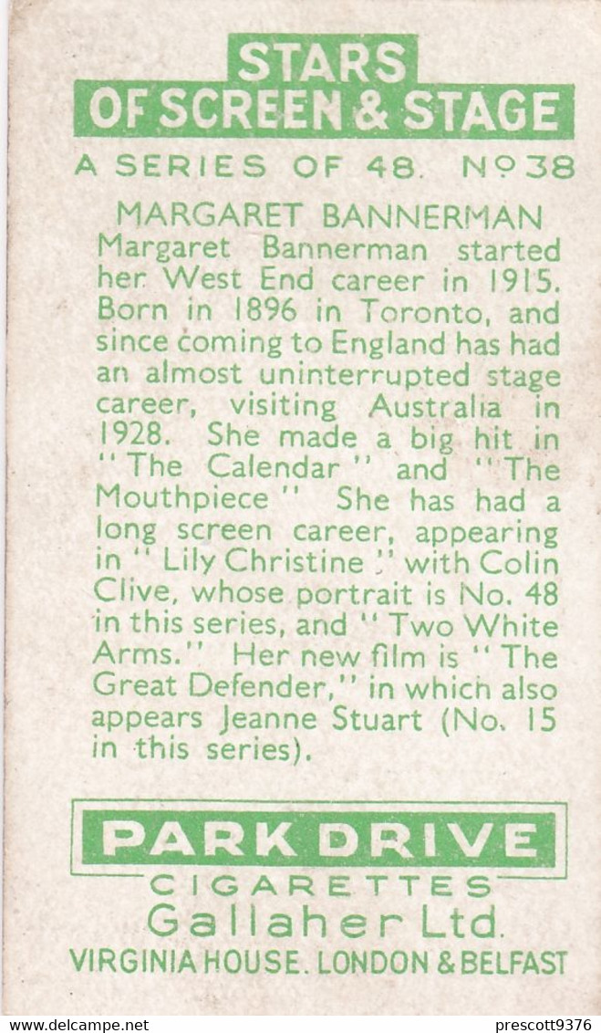 38 Margaret Bannerman  -  Stars Of Screen & Stage 1935  - Gallaher Cigarette Card - Original- Film - Cinema - Gallaher