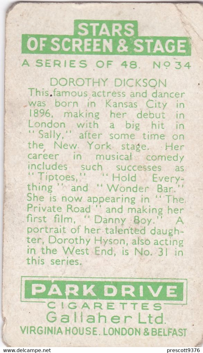 34 Dorothy Dickson  -  Stars Of Screen & Stage 1935  - Gallaher Cigarette Card - Original- Film - Cinema - Gallaher