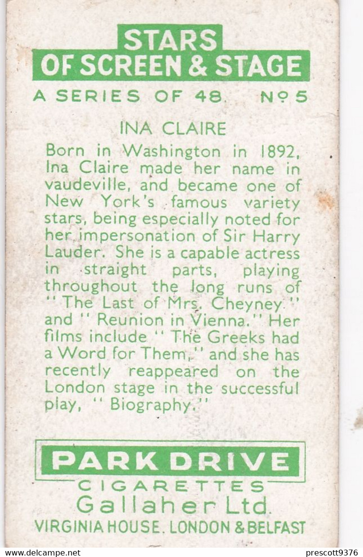 5 Ina Claire  -  Stars Of Screen & Stage 1935  - Gallaher Cigarette Card - Original- Film - Cinema - Gallaher