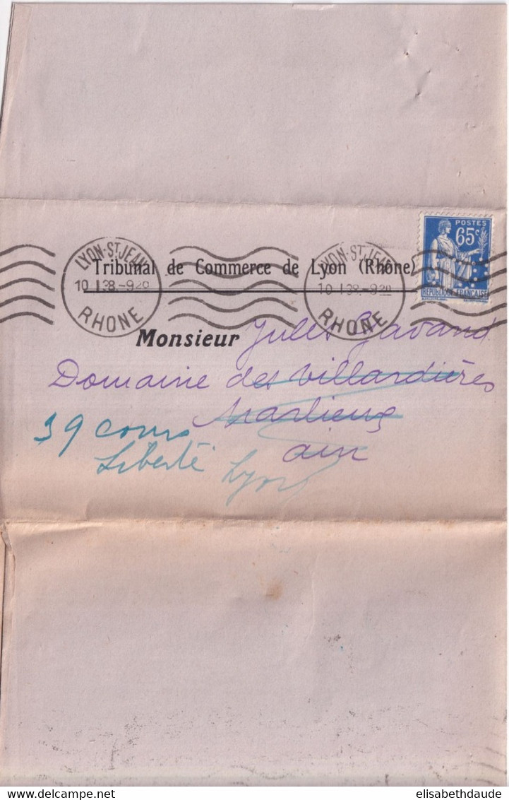 PAIX PERFORE / PERFIN ! - 1938 - LETTRE Du TRIBUNAL De COMMERCE De LYON => MARLIEUX - Andere & Zonder Classificatie