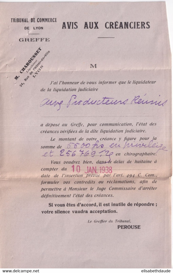 PAIX PERFORE / PERFIN ! - 1938 - LETTRE Du TRIBUNAL De COMMERCE De LYON => MARLIEUX - Autres & Non Classés