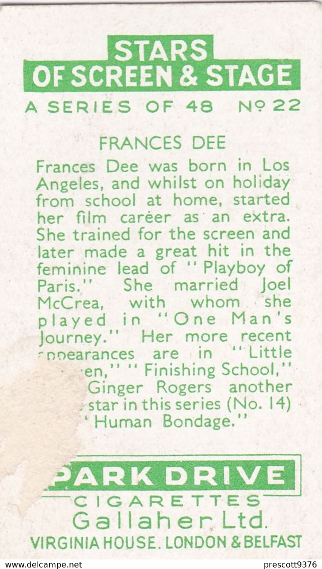 22 Frances Dee  -  Stars Of Screen & Stage 1935  - Gallaher Cigarette Card - Original- Film - Cinema - Gallaher