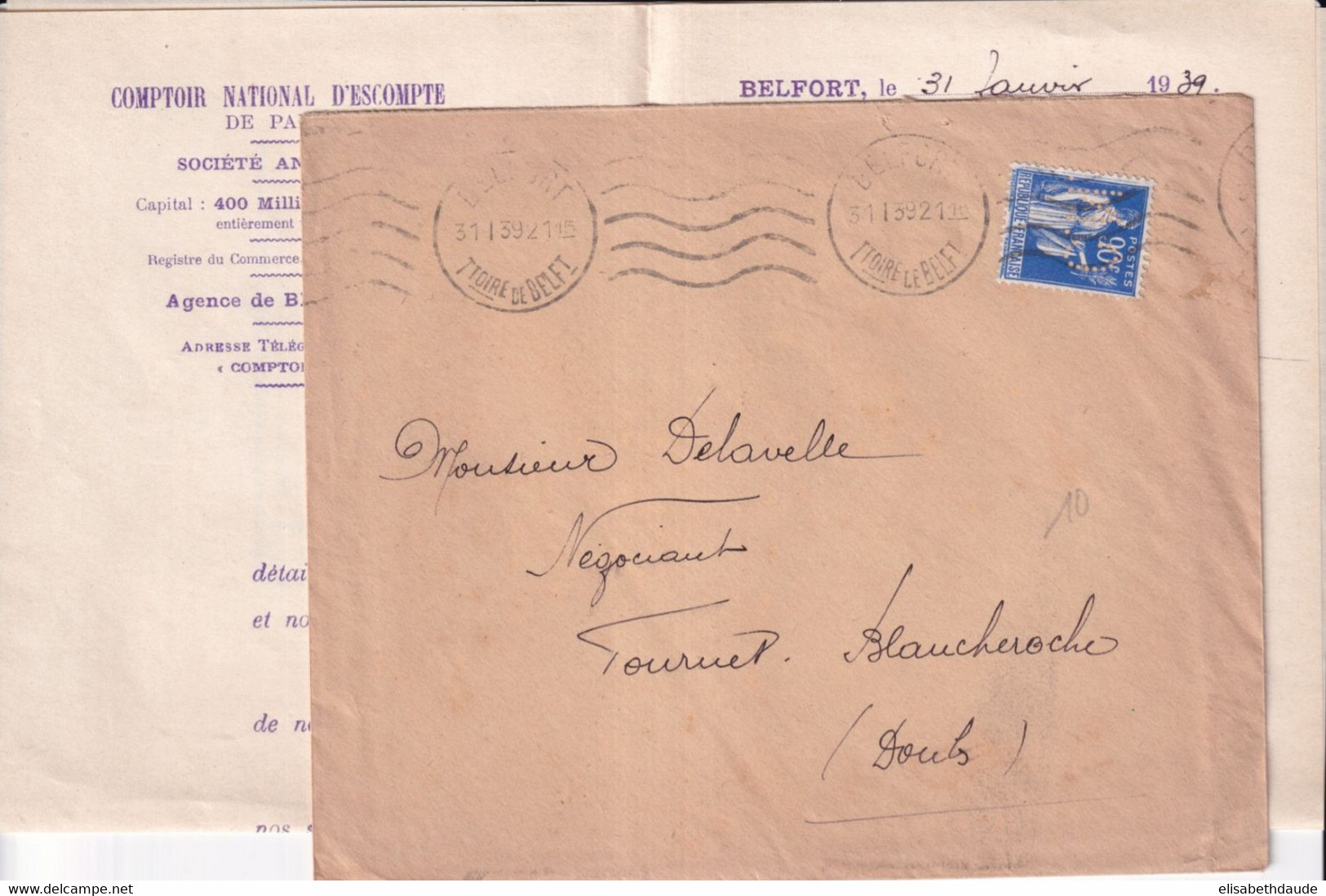 PAIX PERFORE / PERFIN ! - 1939 - LETTRE De La CNEP De BELFORT => FOURNET BLANCHEROCHE (DOUBS) - Andere & Zonder Classificatie