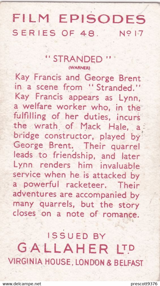 17 Kay Francis & George Brent In Stranded - Film Episodes 1936 - Gallaher Cigarette Card - Original- Movies - Cinema - Gallaher