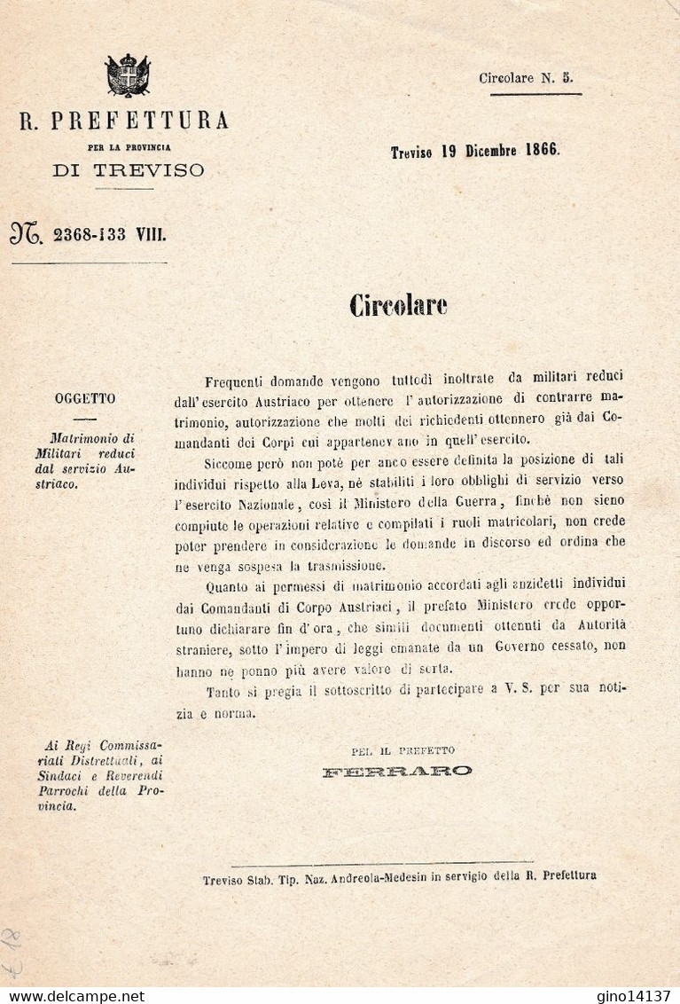 Lettera PREFETTURA DI TREVISO 1866 Matrimoni Militari Servizio Austriaco - Décrets & Lois