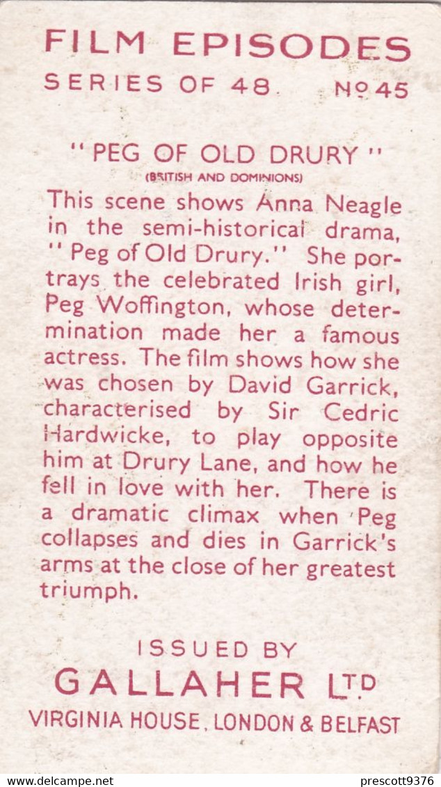 45 Anna Neagle In "Peg Of Old Drury"  - Film Episodes 1936 - Gallaher Cigarette Card - Original- Movies - Cinema - Gallaher