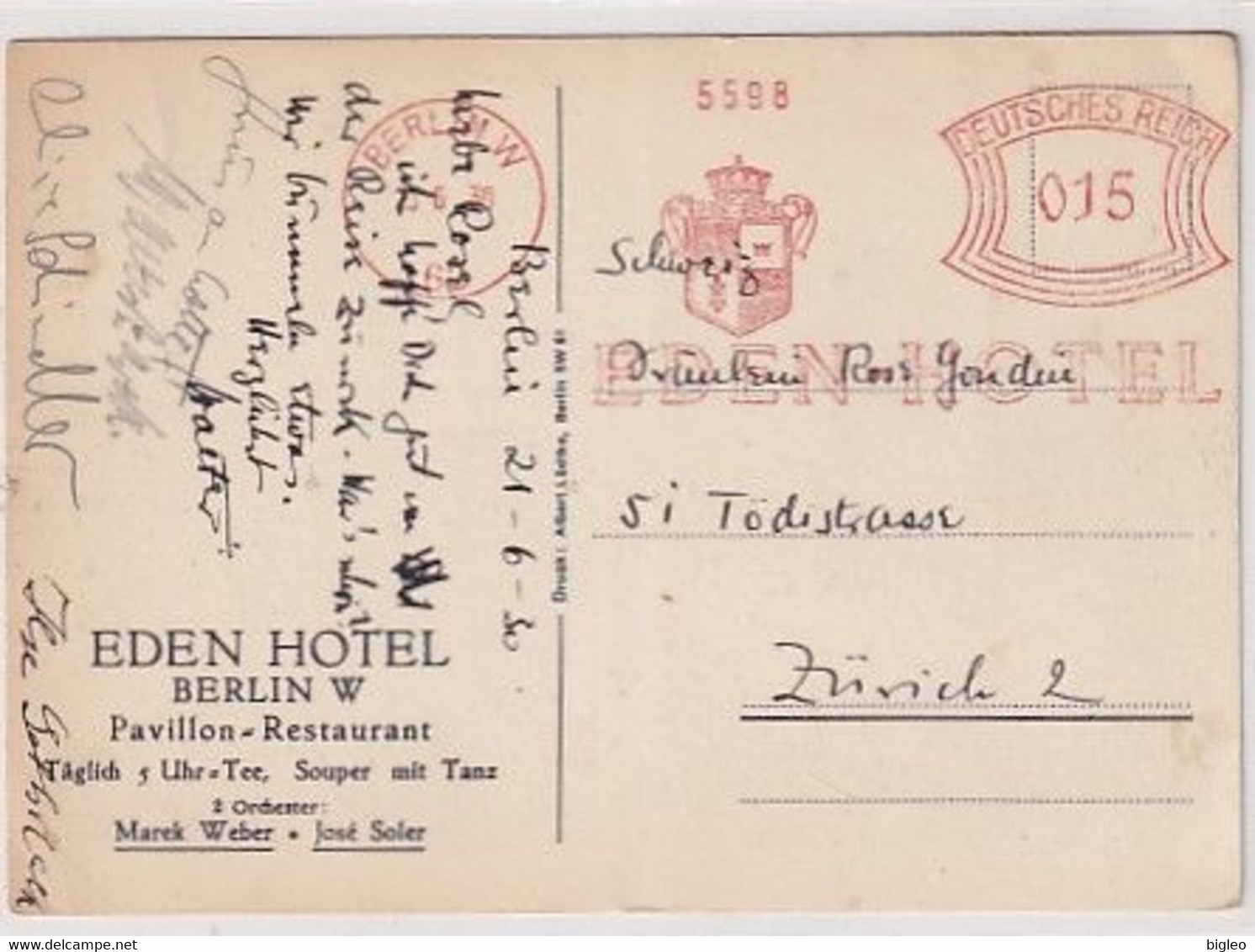 Berlin - Früher Werbe-Maschinen-Hotel-Stempel Auf Ansichtskarte Des Hotels             (A-339-210609) - Covers & Documents