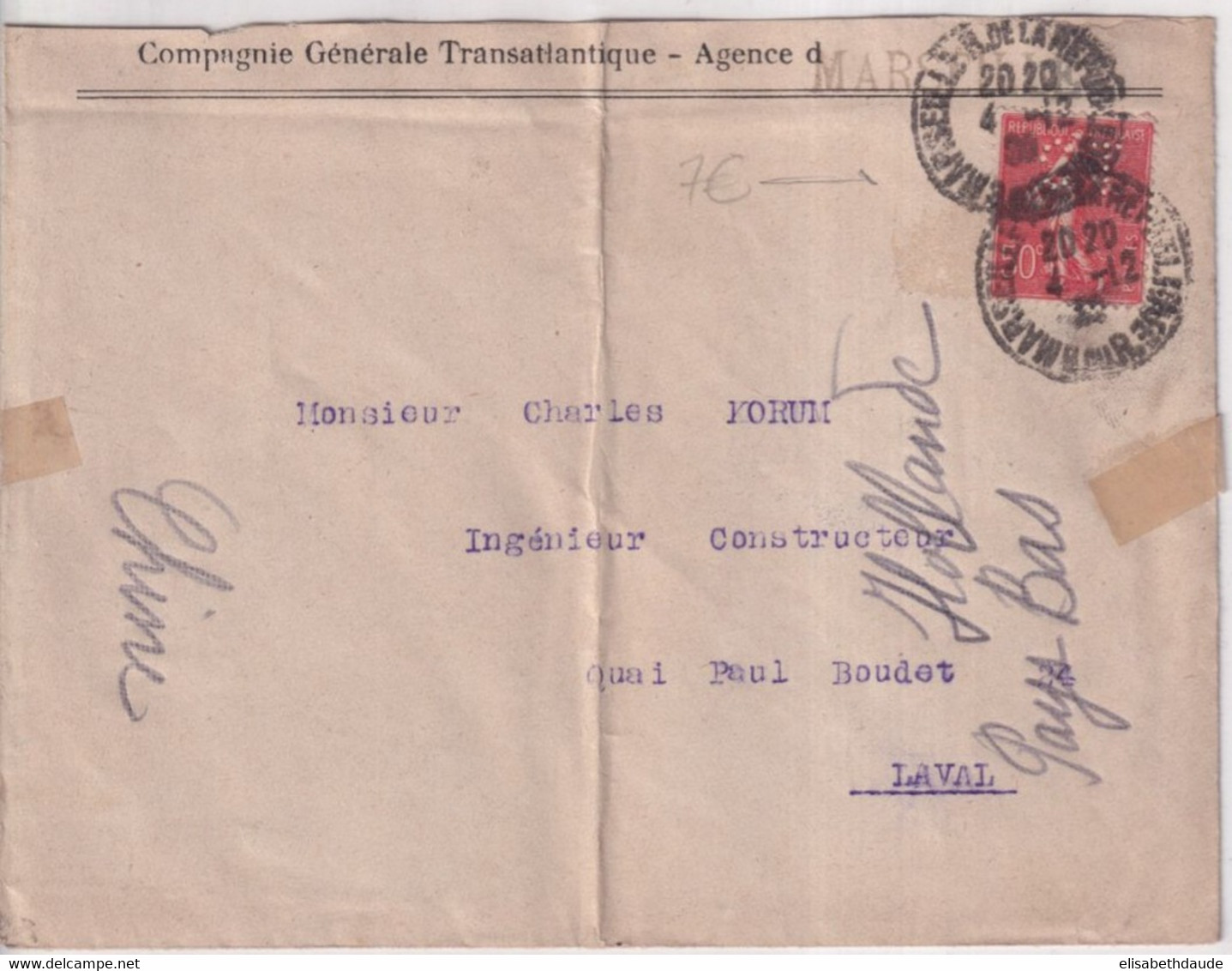 SEMEUSE PERFORE / PERFIN ! - 1929 - ENV. De "COMPAGNIE GENERALE TRANSATLANTIQUE" à MARSEILLE => LAVAL - Sonstige & Ohne Zuordnung