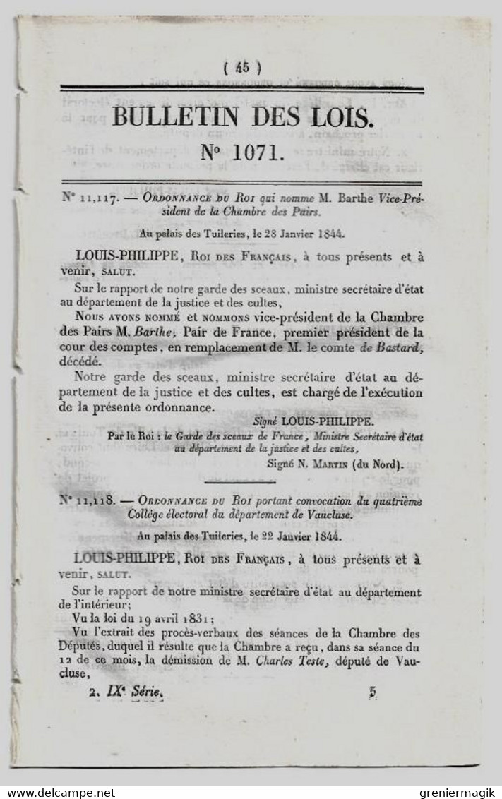 Bulletin Des Lois 1071 1844 Ecole D'institutrices à Aix/Soeurs De Saint-Malo/Ursulines à Fontenay-le-Comte/Tours/Barthe - Décrets & Lois