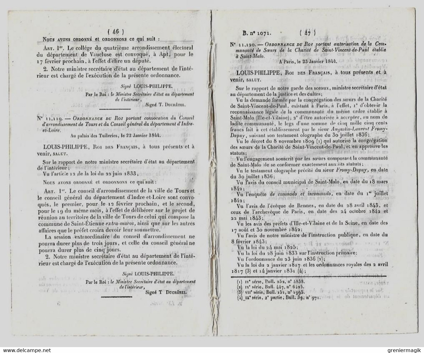 Bulletin Des Lois 1071 1844 Ecole D'institutrices à Aix/Soeurs De Saint-Malo/Ursulines à Fontenay-le-Comte/Tours/Barthe - Décrets & Lois