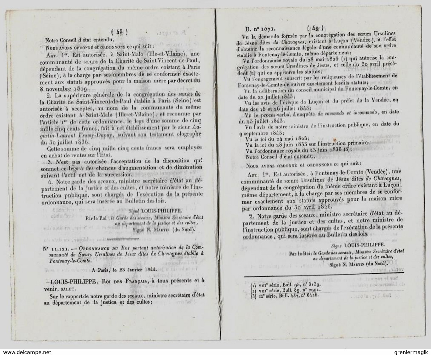 Bulletin Des Lois 1071 1844 Ecole D'institutrices à Aix/Soeurs De Saint-Malo/Ursulines à Fontenay-le-Comte/Tours/Barthe - Décrets & Lois