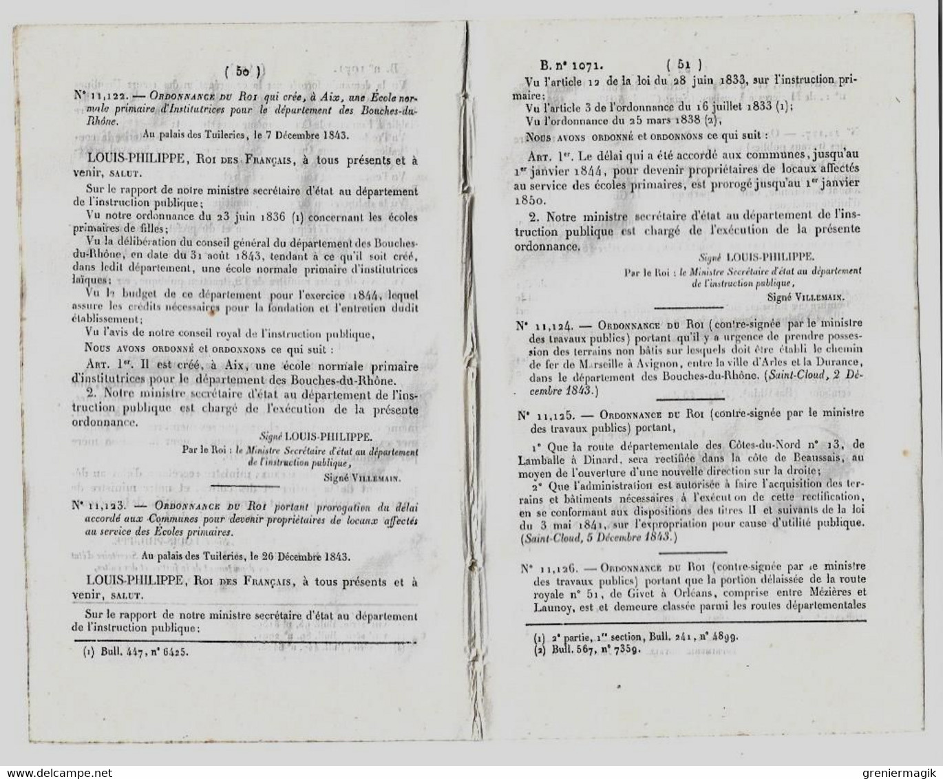 Bulletin Des Lois 1071 1844 Ecole D'institutrices à Aix/Soeurs De Saint-Malo/Ursulines à Fontenay-le-Comte/Tours/Barthe - Décrets & Lois