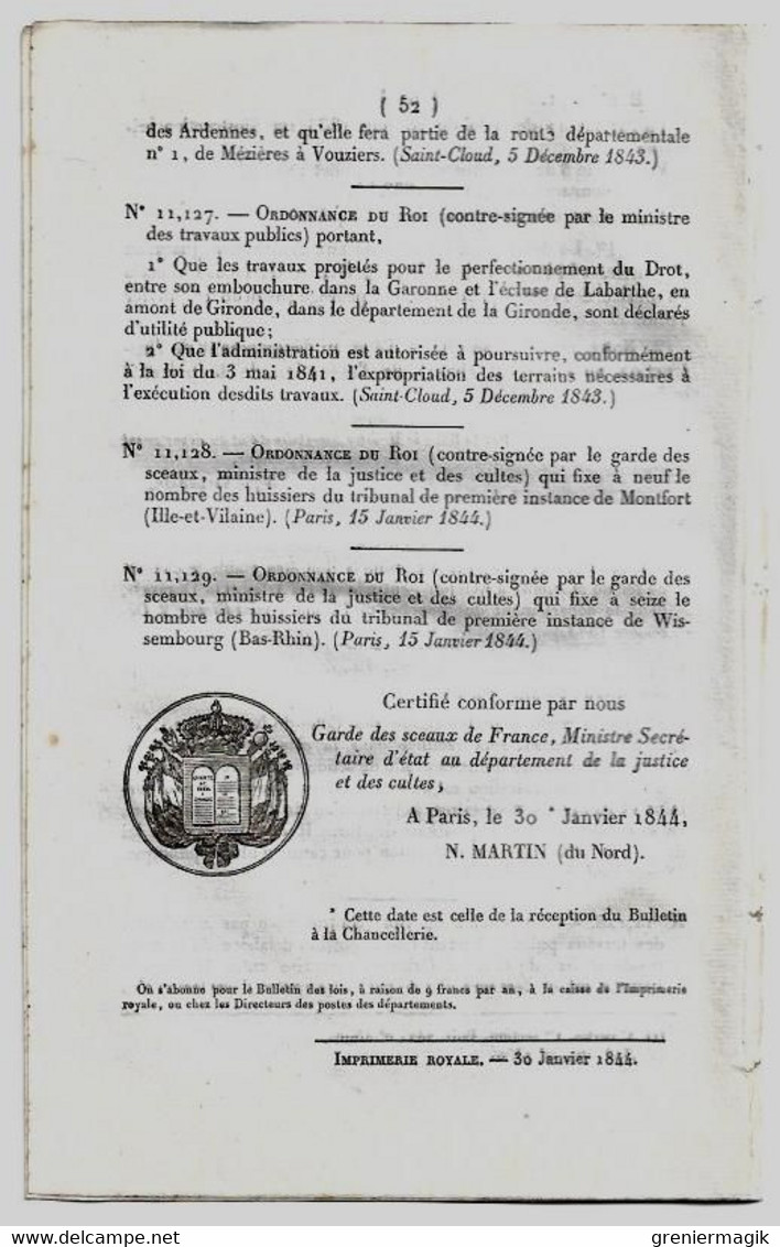 Bulletin Des Lois 1071 1844 Ecole D'institutrices à Aix/Soeurs De Saint-Malo/Ursulines à Fontenay-le-Comte/Tours/Barthe - Décrets & Lois