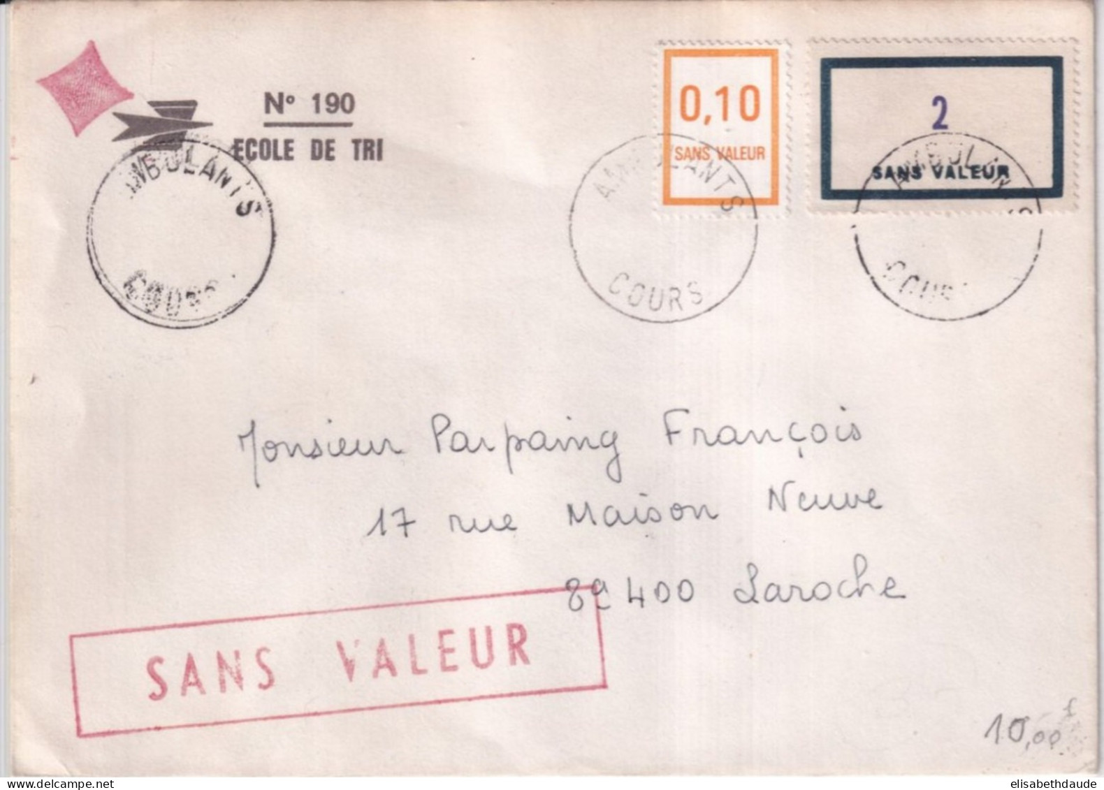 COURS D'INSTRUCTION ! - ENVELOPPE "SANS VALEUR" De L'ECOLE De TRI N°190 Avec CACHET AMBULANTS => LAROCHE (YONNE) - Cursussen