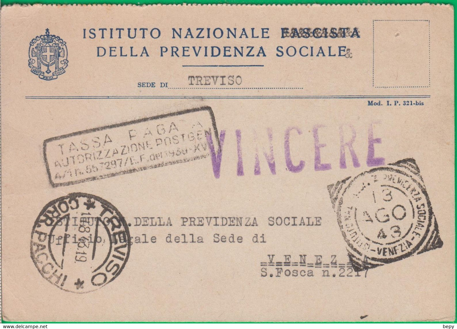 Storia Postale. Treviso. Fascismo. Fascio. Vincere. Previdenza Sociale. . .  46 Xxx - Sonstige & Ohne Zuordnung