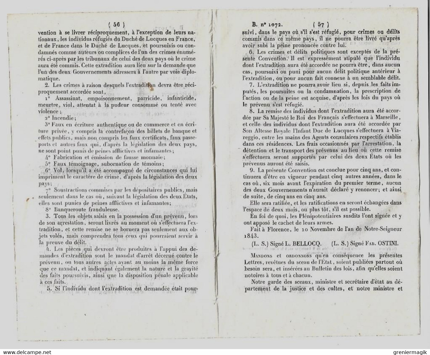 Bulletin Des Lois 1072 1844 Convention France Et Le Duché De Lucques (Italie) Pour L'extradition Des Malfaiteurs/Froment - Décrets & Lois